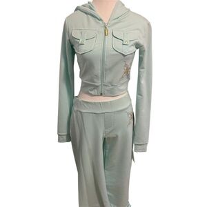 Light Teal baby phat turquoise Y2K Tracksuit set capris cropped zip